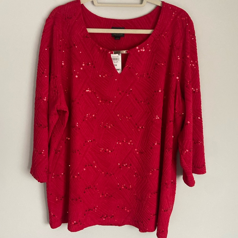 NEW JM Collection Red Sequin 3/4 Length Sleeve Top Size 3X